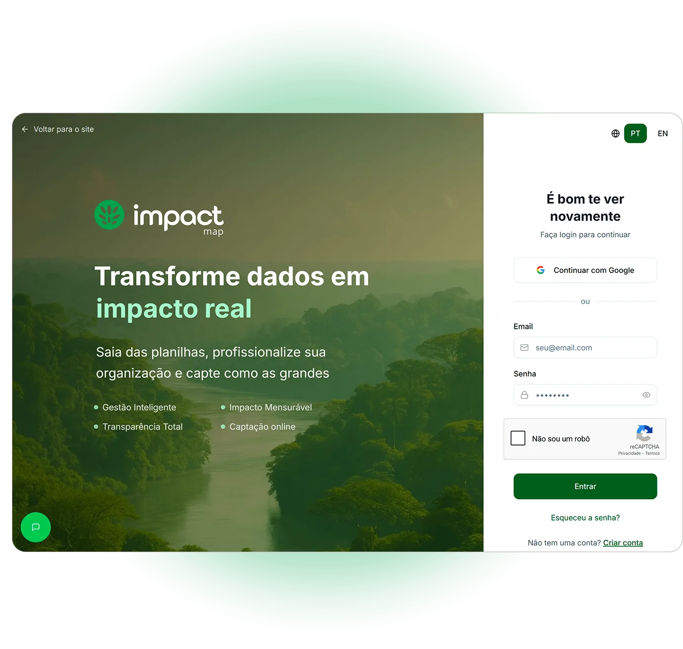 Impact Map - Interface da plataforma de gestão de impacto